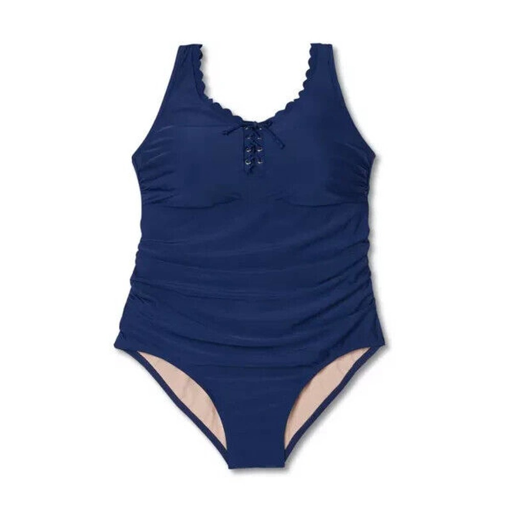 NEW Kona Sol Grommet Scallop Full Coverage One Piece Swimsuit Size 16 Navy Blue